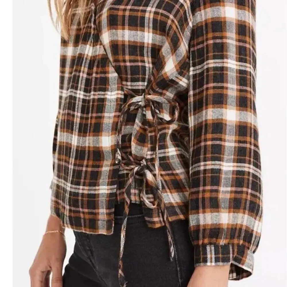 Madewell Plaid Crinkle Gauze Side Tie Wrap Puff Sleeve Top Brown Black XS